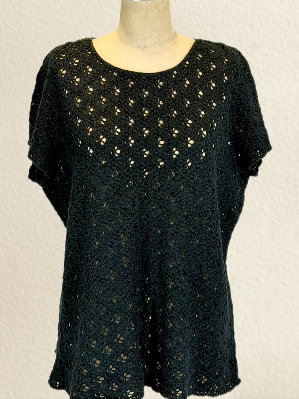 VINTAGE Liz Claiborne black crochet knit sweater short sleeve 100% cotton 90s